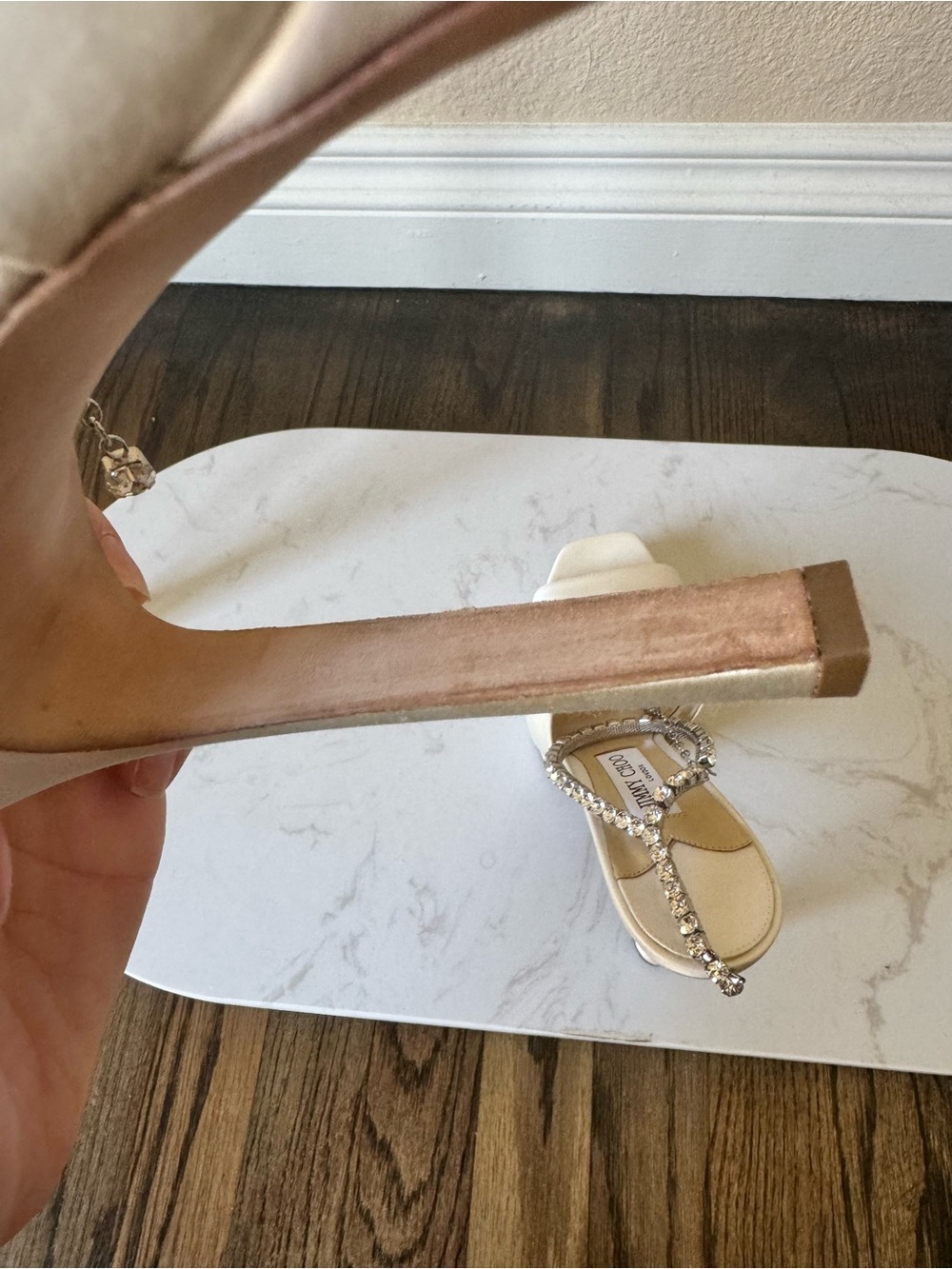 Jimmy Choo White Platform High Heel Sandals with Rhinestone Ankle Chain - Picture 11 of 16